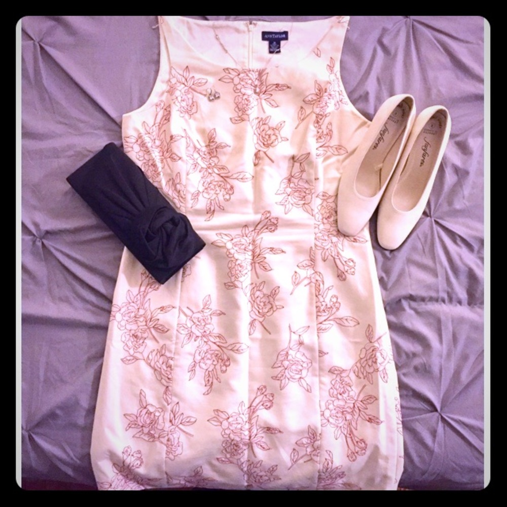 Ann Taylor Cream & Red Embroidered Sheath Dress